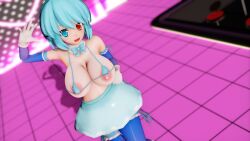 1girls 3d blue_bikini blue_eyes blue_hair blue_skirt blue_thighhighs detached_collar detached_sleeves grimoirexorcism heterochromia indoors kogasa_tatara large_breasts looking_at_viewer micro_bikini mmd nipples open_mouth red_eyes short_hair smile solo tatara_kogasa touhou