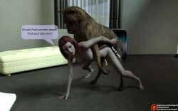 1animal 1girls 3d arm_support closed_eyes english_text indoors nude on_floor open_mouth red_hair sex speech_bubble sting3d taken_from_behind tiptoes zoophilia