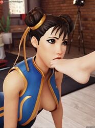 3d 3d_(artwork) brown_eyes brown_hair chun-li chun-li_(fortnite) darkbahamuth double_bun feet foot_fetish fortnite hair_ribbon medium_breasts nipples open_shirt sleeveless street_fighter sucking_toes