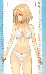 00s absurdres arcueid_brunestud bare_shoulders blonde_hair bra breasts calendar_(medium) cleavage december_(month) female highres hip_focus large_breasts legs looking_at_viewer morii_shizuki navel november_(month) panties red_eyes short_hair simple_background smile solo standing thighs tsukihime type-moon underwear