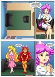 3girls athletic_female bbmbbf blonde_hair cheating_wife mario_(series) nintendo orange_body page_4 palcomix peach_x_wendy_5_(comic) pink_dress princess_peach purple_hair red_dress red_hair sfw super_mario_bros. therapist toadette toon.wtf wendy_o._koopa white_body