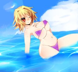 00s arcueid_brunestud artist_request bad_id bad_pixiv_id bikini blonde_hair blue_sky blush breasts cleavage cloud colored_sclera covered_erect_nipples day female hair_intakes highres large_breasts melty_blood micro_bikini nail_polish navel ocean partially_submerged purple_bikini red_arcueid red_eyes red_nails red_sclera reso_(remomiso) short_hair sky solo swimsuit tsukihime underboob