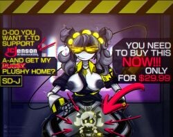 1girls acid background black_nipples breasts breasts_out female female_only glitch_productions grey_body grey_hair j_(murder_drones) madlness murder_drones nipples plushie robot robot_girl shy sitting solo tail text wet yellow_eyes