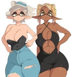 2girls breasts chocolate_and_vanilla cleavage clothed dark-skinned_female dark_skin dress female female_only frye_(splatoon) huge_breasts inkling jeans light-skinned_female light_skin marie_(splatoon) naughty_face nintendo nipples_visible_through_clothing splatoon splatoon_(series) splatoon_3 tentacle_hair thick_thighs white_background white_hair wide_hips yellow_hair yuta_agc