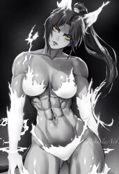 1girls abs absurd_res absurdres artist_name bangs belly_button bleach breasts cat_ears cleavage dark-skinned_female energy female female_only greyscale long_hair muscular muscular_arms muscular_female muscular_legs ponytail robustaart shihouin_yoruichi tilted_head watermark yellow_eyes