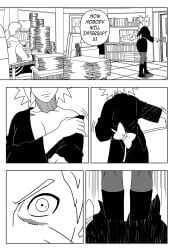 1boy 1girls before_sex boruto:_naruto_next_generations cleavage comic english_text female hokage_office indoors jacket kimono male male/female mature mature_female milf monochrome naruto naruto_(series) ninrubio no_bra office pantyhose story surprised surprised_expression taking_clothes_off temari text undressing uzumaki_naruto