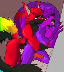 anal anthro balls bodily_fluids canid canine canis cum duo finger_in_mouth fox genital_fluids genitals hi_res knot kurojack make male male/male mammal multicolored_tail penis rainbow_tail wolf