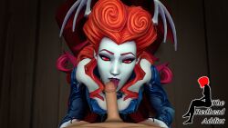 1boy 1girls 3d eye_contact fangs fellatio licking licking_penis lillith_(paladins) long_hair orange_hair paladins pale_skin pov pov_male red_eyes red_hair sharp_teeth the_redhead_addict tongue tongue_out vampire wings