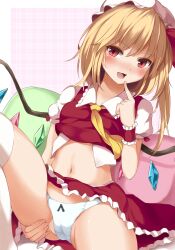 1girls blonde_hair cameltoe fang female female_focus female_only flandre_scarlet inviting inviting_to_sex medium_hair monster_girl panties spread_legs techi_(techi35499) touhou vampire wings