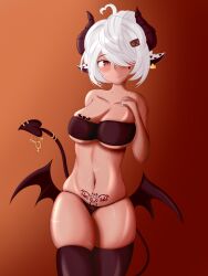 artsyvrc atlaempress blush bra breast_tattoo chest_tattoo cow_ears cow_girl demon demon_girl freckled_skin freckles freckles_on_breasts freckles_on_chest freckles_on_face freckles_on_shoulders hip_wings horns panties pubic_tattoo red_eyes scar scars skindentation spade_tail succubus succubus_horns succubus_tail succubus_tattoo succubus_wings tail_piercing thick_thighs thighhighs vrchat white_hair wings