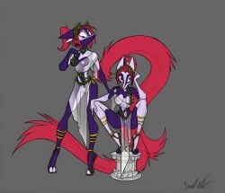 absurd_res anthro breasts canid canine clothed clothing david_lillie digo_marrallang dreamkeepers female fox fur genitals greek hair hi_res indi_marrallang indigo_marrallang ineffective_clothing leg_ring mammal nipples partially_clothed purple_eyes pussy red_hair sibling simple_background twins wreath