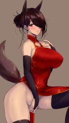 absurdres animal_ears bare_shoulders black_legwear blush breasts bridal_gauntlets brown_hair china_dress chinese_clothes collarbone commentary covered_navel covered_nipples cowboy_shot dress elbow_sleeve extra_ears female fingering fox_ears fox_girl fox_tail gradient gradient_background hair_over_one_eye hand_on_own_chest highres huge_breasts mole mole_under_eye no_bra no_panties original parted_lips red_dress red_hair shiny shiny_hair short_hair solo sweat tail teeth thick_thighs thighhighs thighs wide_hips yukisaki_miale