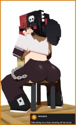 1girls 3d adult ask_blog ass ass_focus big_ass chair clothed_female clothing commission dat_ass ellie_walls_(odysseyellie) female female_only freckles goth goth_girl green_eyes headband horny_female huge_ass long_sleeves looking_at_viewer looking_back mine-imator minecraft multicolored_hair odysseyellie original original_character pants pigtails shirt shoes showing_off sitting skull_hair_ornament smile solo spiked_hairband stool_position tagme two_tone_hair uncensored