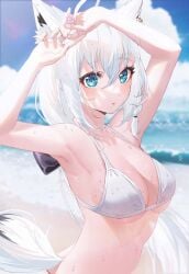 ahoge animal_ear_fluff animal_ears aqua_eyes armpits arms_up bangs beach bikini black_bow blush bow braid breasts cloud day ear_piercing eyebrows_visible_through_hair female fox_ears fox_girl fox_tail hair_between_eyes highres hololive hololive_gamers hololive_gen_1 hololive_japan long_hair looking_at_viewer medium_breasts ocean parted_lips piercing sanada_keisui shirakami_fubuki side_braid single_braid solo standing swimsuit tail upper_body very_long_hair virtual_youtuber wet white_bikini white_hair