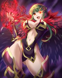 1girls :d absurdres alternate_eye_color ass_visible_through_thighs bare_midriff bare_thighs black_background black_feathers black_panties boots breasts center_opening cleavage corruption cowboy_shot dark_aura dark_persona feathers female female_only fire fire_emblem fire_emblem:_mystery_of_the_emblem fire_emblem:_shadow_dragon_and_the_blade_of_light fire_emblem_echoes:_shadows_of_valentia fire_emblem_gaiden flaming_eye from_below glowing_eyes gradient gradient_background green_hair groin harrier_(fire_emblem) highres inner_thighs large_breasts leotard long_hair looking_at_viewer looking_down magic midriff navel nintendo open_mouth orange_eyes palla_(fire_emblem) panties pelvic_curtain pose purple_background red_eyes revealing_clothes simple_background sirano smile solo thick_thighs thigh_boots thighhighs thighs tiara very_long_hair