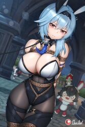 1girls alternate_version_available animal_ears arms_behind_back baron_bunny_(genshin_impact) blue_hair blurry_background bondage bound brown_eyes bunny_ears bunny_girl bunnysuit cleavage collar crotch_rope eula_(genshin_impact) female female_only garter genshin_impact hands_behind_back highres leash leash_and_collar looking_down night night_sky no_bra pantyhose plusout restrained restraints rope rope_bondage see-through see-through_clothing solo solo_female solo_focus taped_hands tied_hands tied_up watermark