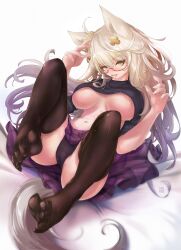 animal_ears areola_slip areolae biwa_hayahide_(umamusume) breasts feet female female foreshortening glasses highres horse_ears horse_girl horse_tail large_breasts long_hair navel no_bra panties platinum_blonde_hair redlove solo sweat tail toes umamusume underboob underwear very_long_hair yellow_eyes