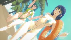 2girls 3d beach bikini blue_eyes blue_hair female_only green_hair heart-shaped_pupils horns koikatsu lum oni oni_female oni_girl saiki_kusuo_no_psi_nan schoolgirl teruhashi_kokomi urusei_yatsura