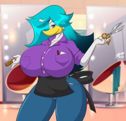 1girls 2022 amaya_(directorscar) anthro avian blue_eyes blue_hair breasts cleavage comb duck female female_only furry hair_salon huge_breasts looking_at_viewer mastergodai nintendo pokemon pokemon_sv quaxly scissors shirt solo thick_thighs voluptuous wide_hips