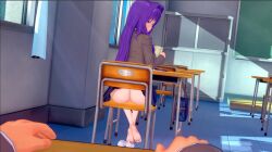 1girls ass blue_skirt book chair classroom desk desks doki_doki_literature_club feet female hands koikatsu looking_at_viewer looking_back looking_back_at_viewer no_panties no_panties_under_skirt purple_eyes purple_hair reading school_uniform sitting skirt skirt_lift skirt_up soles toes uniform yuri_(doki_doki_literature_club)