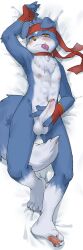 abs amber_eyes anthro bandai_namco bandana bedding bedding_background belt_collar blue_body blush canid canine canis clothing condom dakimakura_design digimon digimon_(species) domestic_dog fingerless_gloves foreskin gaomon genitals gloves handwear hi_res kerchief light_body lying male male_only mammal nude on_back partially_retracted_foreskin penis penis_grab qftalorz sexual_barrier_device solo vein veiny_penis