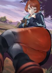 1girls absurd_res arezu_(pokemon) ass big_ass big_butt blush eye_contact female female_focus female_only game_freak high_resolution huge_ass iku_(ikuchan_kaoru) looking_at_viewer nintendo pokemon pokemon_legends:_arceus red_eyes red_hair short_hair smile solo thick_thighs thighs tight_clothing tight_pants