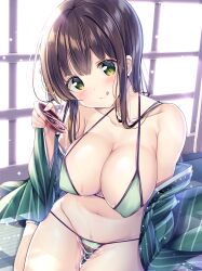 :p alcohol bangs bikini blush breasts brown_hair cameltoe cleavage collarbone commentary_request covered_nipples cowboy_shot cup eyebrows_visible_through_hair female female gochuumon_wa_usagi_desu_ka? green_bikini green_eyes green_kimono hair_ribbon halterneck head_tilt highres indoors japanese_clothes kimono kurou_(quadruple_zero) large_breasts long_hair looking_at_viewer navel open_clothes open_kimono open_mouth pouring pouring_onto_self ribbon sakazuki sake side-tie_bikini sitting smile solo striped striped_kimono swimsuit tatami thigh_gap thighs tongue tongue_out ujimatsu_chiya vertical_stripes wakamezake wariza window