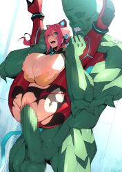 1boy 1girls absurdres alien animal_ears breasts breasts_out censored clenched_teeth colored_skin commission facial_tattoo female full_nelson green_skin high_heels highres huge_breasts huge_cock lifted_by_another lifting linmei linmei_quan long_hair looking_back monster muscular muscular_male open_mouth original penis pobotto pussy red_hair saliva sex size_difference skeb_commission tail tattoo teeth torn_clothes