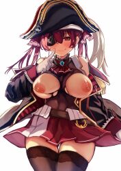 1girls absurdres black_legwear blush breasts breasts_out eye_patch gloves hat highres hololive hololive_fantasy hololive_japan houshou_marine huge_breasts kobiemon large_breasts legwear leotard looking_at_viewer nipples pirate pirate_hat red_eyes red_hair simple_background skirt smile solo standing thighhighs thighs torn_clothes virtual_youtuber white_background white_gloves