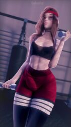 3d 3d_(artwork) blizzard_entertainment brown_eyes brown_hair bulge choker d.va dumbbell female flaccid futa_only futanari glasses gym headband legging moonroomoom nipples overwatch see-through see-through_clothing sportswear topwear workout