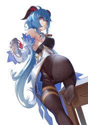 :o ahoge ass ass_focus bangs bare_shoulders bell black_legwear blue_hair bodystocking breasts detached_sleeves dutch_angle eyebrows_visible_through_hair female fingernails flats flower_knot foot footwear_removed from_below ganyu_(genshin_impact) genshin_impact hair_between_eyes highres horns large_breasts leg_up long_hair long_sleeves looking_at_viewer looking_back nail_polish open_mouth pantyhose pink_nails red_eyes red_ribbon ribbon shiny shiny_clothes shiny_hair shiny_skin shoe_removed shoes soles solo very_long_hair white_footwear wooden_table yonoki