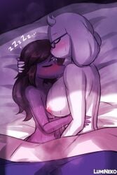 2girls after_sex anthro bed blush breasts cuddling deltarune female female_only fur glasses hug kissing_forehead lumineko multiple_girls sleeping susie_(deltarune) sweat toriel wholesome yuri