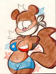 1girls anthro big_breasts bikini bondage brown_fur confusion female female_only flag_bikini furry gag nickelodeon sandy_cheeks short_shorts solo spongebob_squarepants squirrel straight_hair tempson texas_flag texas_flag_bikini