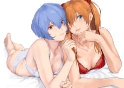 2girls asuka_langley_sohryu blue_eyes blue_hair blush bra breasts cleavage female female_only hair_ornament lingerie looking_at_viewer lying medium_breasts multiple_girls neon_genesis_evangelion orange_hair panties red_bra red_eyes rei_ayanami shiny shiny_skin underwear yamaishi_(mukoubuti)