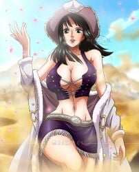 1girls bangs big_breasts black_hair blue_eyes breasts cowboy_hat desert female female_only hourglass_figure large_breasts legs light-skinned_female mature_female miss_all_sunday nico_robin one_piece pre-timeskip rakara11 skirt slim_waist smiling wide_hips