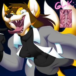 1:1 2022 absurd_res anthro bottomwear canid canine clothing eyeofcalamity eyewear female fox fur glasses gradient_background hi_res larger_female mammal micro open_mouth shorts simple_background size_difference smaller_anthro tongue tongue_out vore