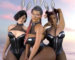 3d 3girls apex_legends big_breasts black_hair braided_hair bunny_ears bunnysuit dark-skinned_female easter glasses lifeline_(apex_legends) lip_piercing loba loba_(apex_legends) loba_andrade looking_at_viewer nose_piercing pale-skinned_female r34seeker red_hair respawn_entertainment short_hair tagme two_tone_hair wraith_(apex_legends)