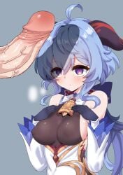 absurdres ahoge bangs bare_shoulders bell blue_gloves blue_hair blush bow breasts covered_nipples detached_sleeves evangeline_(lewdweather) eyebrows_visible_through_hair female ganyu_(genshin_impact) genshin_impact gloves grey_background hand_on_own_chest heart heart-shaped_pupils heavy_breathing highres horns large_penis long_hair looking_at_another looking_at_penis medium_breasts neck_bell penis purple_eyes rayno sideboob sidelocks sweat symbol-shaped_pupils upper_body veins veiny_penis white_sleeves