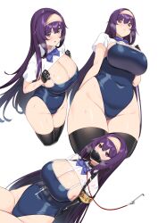 1girls 2021 absurdres black_gloves black_legwear blue_bow blue_bowtie bow bowtie breasts cleavage collar covered_navel female female_focus female_only gag gagged gloves half_gloves hie_(hiememiko) hiememiko highres large_breasts leash long_hair original purple_eyes purple_hair short_sleeves shrug_(clothing) solo solo_female thighhighs very_long_hair