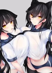 2girls animal_ears atago_(azur_lane) azur_lane black_buruma black_hair black_legwear breast_press breasts buruma closed_mouth commentary dog_ears english_commentary extra_ears eyebrows_visible_through_hair female fox_ears gradient_eyes grey_background hair_flaps highres huge_breasts long_hair looking_at_viewer midriff monotosu multicolored_eyes multiple_girls open_mouth red_eyes shirt short_sleeves simple_background standing symmetrical_docking takao_(azur_lane) thighhighs white_shirt yellow_eyes