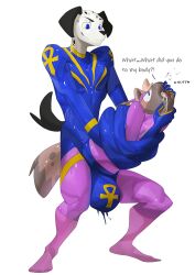 absurd_res anthro balls big_balls big_penis bodily_fluids body_horror canid canine canis contortionism cum cxcxxcxxxx dalmatian domestic_dog duo evil_grin flexible forced forced_transformation genital_fluids genitals hi_res huge_balls huge_cock hyaenid hyper hyper_genitalia hyper_penis latex male male/male mammal penis penis_transformation smile supervillain transformation