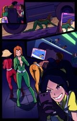 4girls alex_(totally_spies) black_hair blackmail blonde_hair blue_eyes casual clothed clothing clover_(totally_spies) comic dark-skinned_female dark_skin electronics female female_only fully_clothed futa_on_female green_eyes human kenjanoishi light-skinned_female light_skin mandy_(totally_spies) mandy_walters multiple_girls pale_skin red_hair sam_(totally_spies) totally_spies undressing