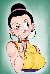 1girls :d blush bracelet breasts chichi dragon_ball dragon_ball_z earrings female female_only funsexydragonball huge_breasts jewelry krimreaper recolor shounen_jump solo solo_female tagme tied_hair wristwear