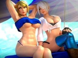 2girls 3d abs adeptusinfinitus angel_(kof) beach big_breasts bikini blender blonde_hair fit king_of_fighters metroid midriff ponytail samus_aran thighhighs underboob white_hair