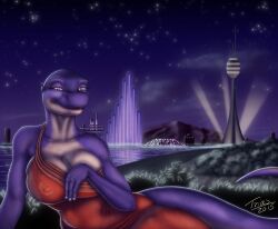 2015 amber_eyes anthro artist_name big_breasts breasts city cleavage delilah_(trias) detailed_background digital_media_(artwork) dinosaur dress eyelashes female fingers inviting long_tail looking_at_viewer lying multicolored_body multicolored_scales night nipple_outline non-mammal_breasts on_side outside purple_body purple_scales reptile scalie signature smile solo tan_body tan_scales theropod trias two_tone_body two_tone_scales tyrannosaurid tyrannosaurus tyrannosaurus_rex voluptuous