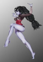 arms_up ballet barefoot female female_only kroshkarammy long_hair official_alternate_costume overwatch purple_skin widowmaker