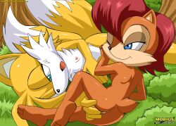 anthro archie_comics bbmbbf canid canine chipmunk female fox furry ground_squirrel mammal mobius_unleashed mtf_transformation palcomix rodent sally_acorn sciurid sega sonic_(series) tails tails_the_fox tailsko