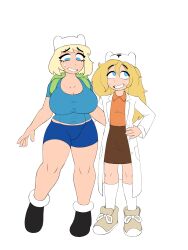 1i3 adventure_time alternate_costume backpack bag blonde_hair blue_eyes clothes_swap crossdressing female finn_the_human human impossible_clothes labcoat long_hair male minerva_campbell nervous_smile no_nude older_female pale_skin short_hair straight_hair sweatdrop younger_male