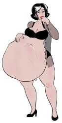 1girls artist_request beauty_mark belly big_belly big_breasts black_hair breasts cleavage female hand_on_belly high_heels huge_belly lingerie men_in_black men_in_black_ii same_size_vore serleena_(men_in_black) vore