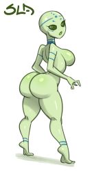 2022 alien alien_girl alien_languaue back_boob bald bald_female barefoot big_ass big_butt blue_markings blue_tattoo breasts bubble_ass bubble_butt bug_eyed female green_eyes green_skin looking_at_viewer naked naked_female nude nude_female original original_character pupilless_eyes samson_00 tattoos thick_thighs unnamed_character